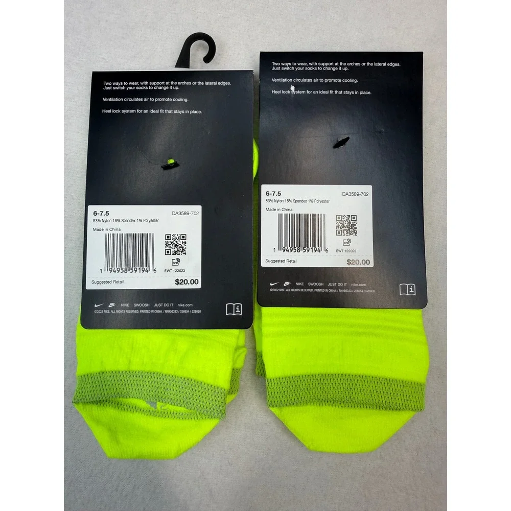 2 pair Nike Spark No-Show Running Socks Volt Yellow Mens 6-7.5 Womens 7.5-9 NWT
